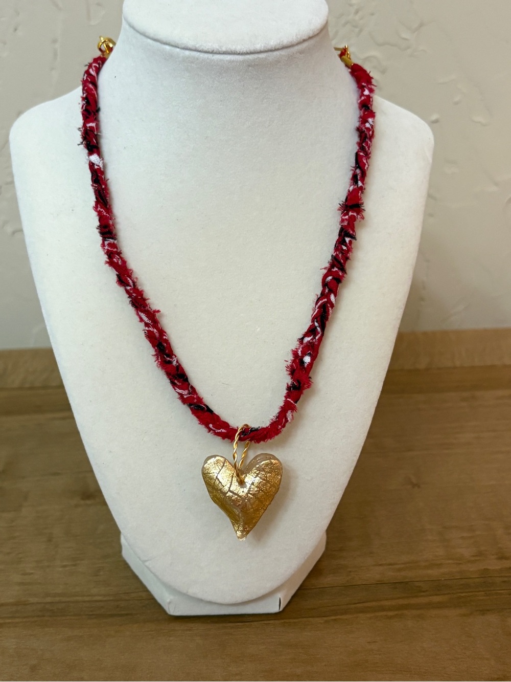 Chunky Gold Heart Pendant Necklace on Red Braided Cord